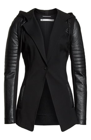 Blanc Noir Hooded Moto Blazer with Faux Leather Sleeves | Nordstrom