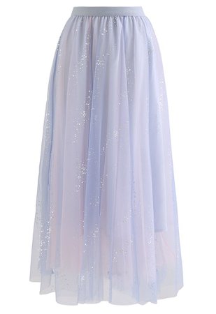 Shimmery Sequin Mix-Color Mesh Maxi Skirt in Blue - Retro, Indie and Unique Fashion