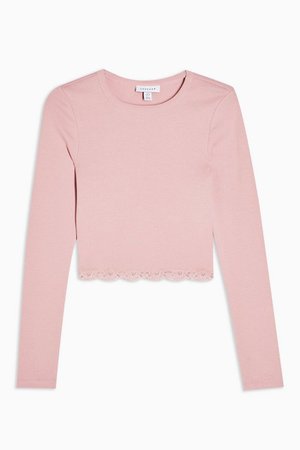 Pink Long Sleeve Lace Hem Top | Topshop