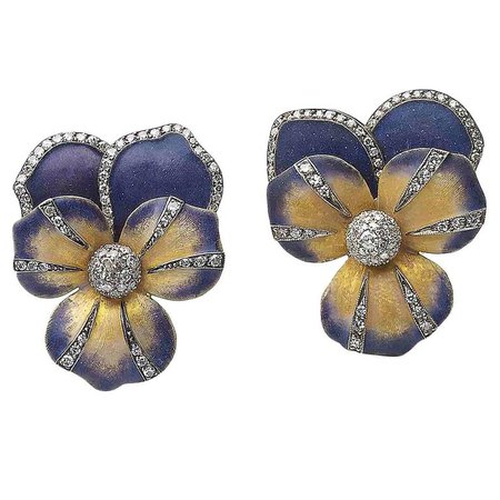 Enamel Diamond Silver Gold Pansy Earrings For Sale at 1stdibs