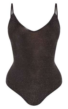 Black Textured Glitter Strappy Bodysuit | PrettyLittleThing USA