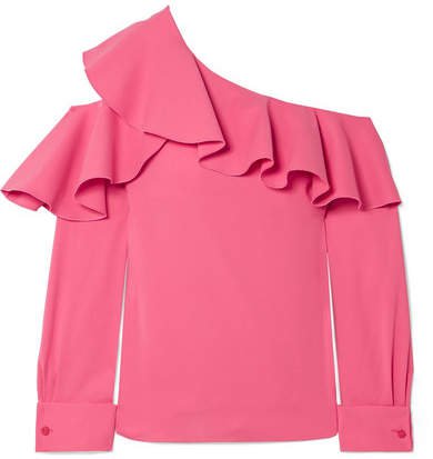 Ruffled One-shoulder Stretch-silk Crepe Top - Pink