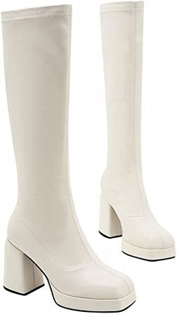 Amazon.com | JINFAXIE Women's Elastic Chunky Pull On Platform Knee High Boots | Knee-High