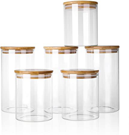 Storage Glass Jars 6L with Lid Made of 100% Bamboo and Borosilicate Glass - 800ml*3 & 1200ml*3 - Kitchen Airtight Cylinder Clear Preserving Seal Containers for Spice, Suger, Cereal etc - (Set of 6) : Amazon.co.uk: DIY & Tools