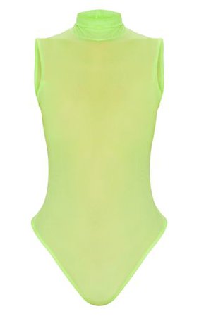 Neon Lime Mesh High Neck Sleeveless Bodysuit | PrettyLittleThing USA