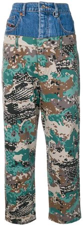 layered camouflage trousers