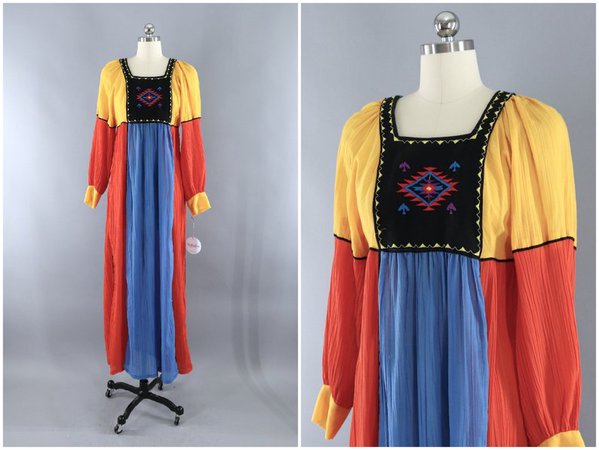 Vintage Embroidered Peasant Dress Bright Color Block Cotton | Etsy
