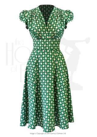1930s 40s Ava Tea Dress in Emerald Deco Dot