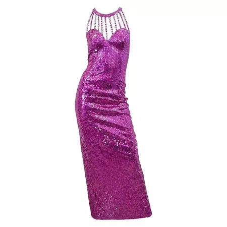 1980s Lillie Rubin Hot Pink Size 6 Fully Sequined Cage Neck Vintage 80s Gown For Sale at 1stDibs