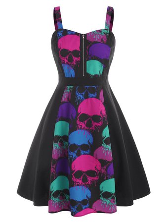 Zippered Front Colorful Skull Halloween Plus Size Dress [45% OFF] | Rosegal