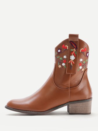 Calico Embroidered Block Heeled Ankle Boots