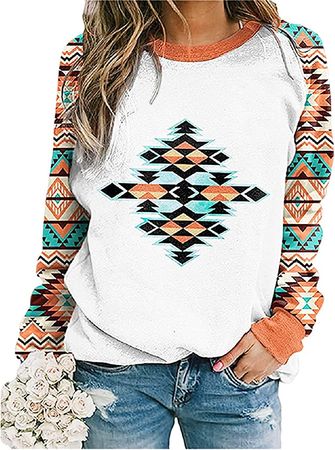 Womens Long Sleeve Shirts Western Aztec Print Fit Tops Fall Casual Fashion Round Neck Blouses at Amazon Women’s Clothing store