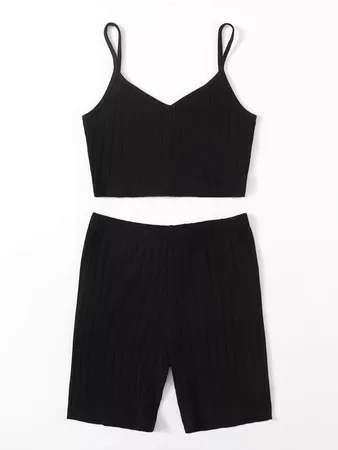 black Rib-knit Crop Cami Top & Biker Shorts Set | SHEIN USA