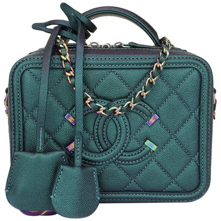 CHANEL Small CC Filigree Vanity Case Iridescent Dark Turquoise Caviar w/RHW 2018 For Sale at 1stdibs