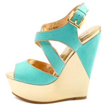 Gold & Teal Open Toe Wedges