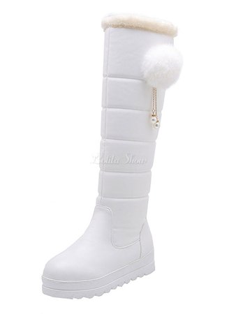 Sweet Lolita Boots PU Leather Pom Pom Pearl Round Toe Pink Lolita Snow Boot - Lolitashow.com