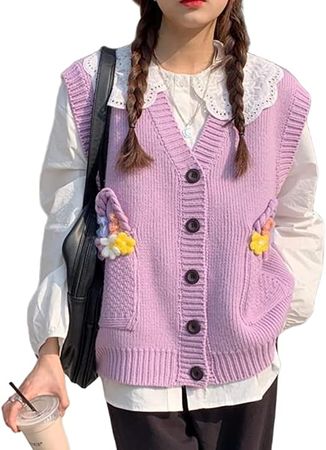 Cute Sweater Vest Women Vintage V Neck Sleeveless Oversized Button Down Knit Aesthetic Flower Kawaii Y2k Korean Japanese Top at Amazon Women’s Clothing store