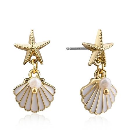 Amazon.com: 14K Gold Plated Starfish Shell Stud Earrings for Women, Hypoallergenic Beach Earrings Handmade Pearl Earrings for Sensitive Ears : Handmade Products