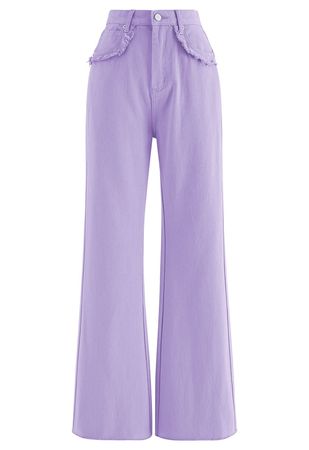 Classic Pocket Frayed Detail Flare Jeans in Lilac - Retro, Indie and Unique Fashion