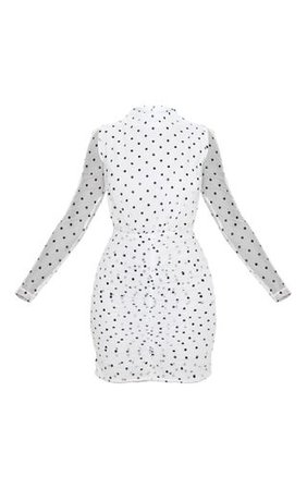 White Polka Dot Ruched Long Sleeve Bodycon Dress | PrettyLittleThing USA