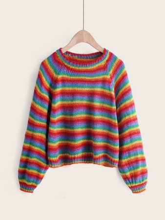 Rainbow Stripe Raglan Sleeve Sweater | SHEIN USA