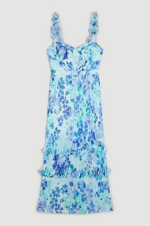 Pleat Detail Petal Print Strappy Woven Midi Dress | Karen Millen