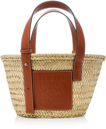 Small Leather-Trimmed Straw Basket Tote