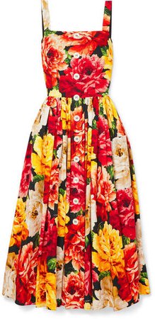 Floral-print Cotton-poplin Midi Dress - Orange