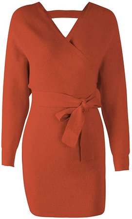Mansy Women's Sexy Cocktail Batwing Long Sleeve Backless Mock Wrap Knit Sweater Mini Dress Orange at Amazon Women’s Clothing store