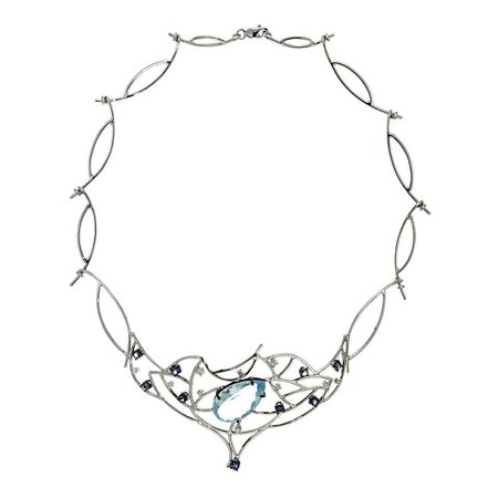 Blue Aquamarine Sapphires Diamonds White Gold Choker Necklace Made In Italy