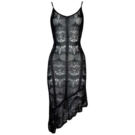 C. 2000 John Galliano Sheer Black Lace Knit Asymmetrical Bodycon Dress For Sale at 1stDibs