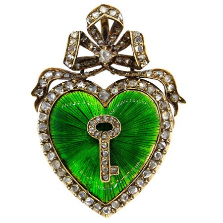 Antique Victorian Silver Gold Diamond Guilloche Green Enamel Heart Pendant For Sale at 1stDibs