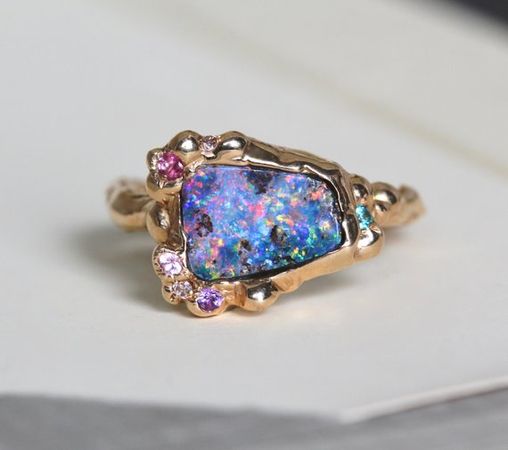 Boulder Opal Ring 14k Hammered Gold Organic Branch PInk | Etsy