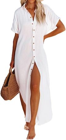 Dokotoo Womens Summer Beach Button Down Kimonos Long Cardigan Short Sleeve Side Split Casual Solid Loose Fit Bathing Suit Swimsuit Cover Ups for Women White Large at Amazon Women’s Clothing store