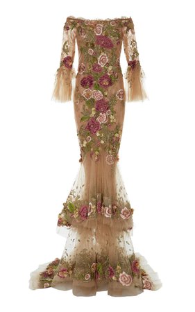 Tulle Off the Shoulder Floral Embroidered Gown by Marchesa | Moda Operandi
