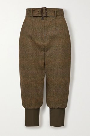 Army green Cropped belted cotton-trimmed checked wool-tweed tapered pants | Purdey | NET-A-PORTER