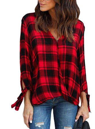 Astylish Women Casual Plaid V Neck 3 4 Long Sleeve Blouses Tops Shirts at Amazon Women’s Clothing store: