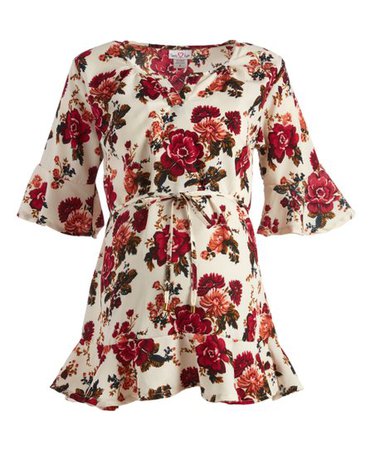 Times 2 Ivory & Wine Floral Tie-Waist Maternity Tunic | Zulily