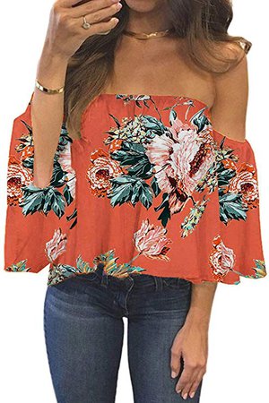 BLUETIME Women Summer Off Shoulder Chiffon Blouses Ruffles Short Sleeves Sexy Tops Casual T Shirts at Amazon Women’s Clothing store