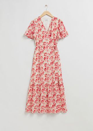 Flutter Sleeve Wrap Midi Dress - White/Red Floral Print - Midi dresses - & Other Stories US