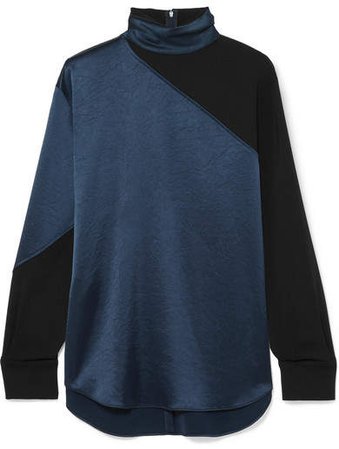 Paneled Two-tone Satin And Crepe Turtleneck Top - Navy