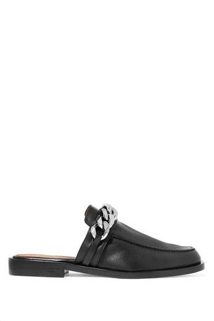 Chain-trimmed Leather Slippers - Black
