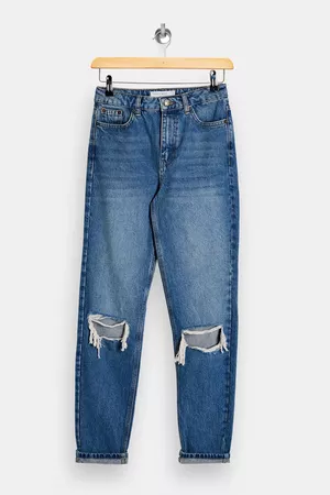 Mid Blue Double Ripped Mom Tapered Jeans | Topshop