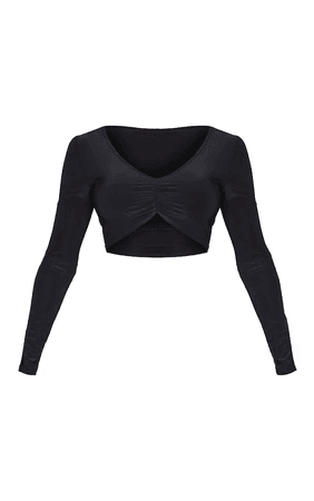 Shape Black Slinky Ruched Front Long Sleeve Crop Top