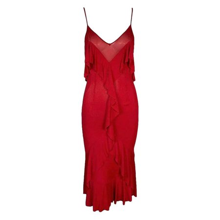 F/W 2003 Yves Saint Laurent Tom Ford Sheer Red Plunging Ruffle Dress L For Sale at 1stDibs