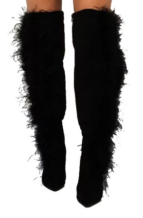 AZALEA WANG Feather Embellished Pointed Toe Stiletto Heel Boot In Black