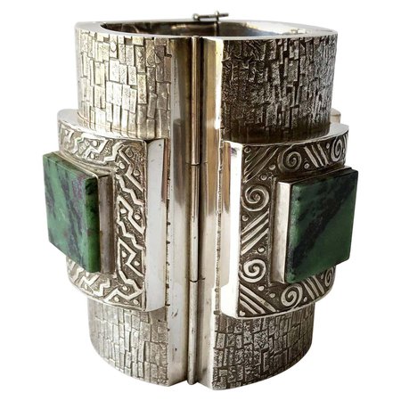 1960s Graziella Laffi Peruvian Modernist Sterling Silver Green Quartz Cuff Bracelet