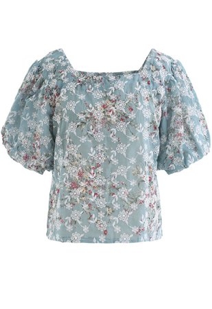 Floral Print Embroidered Bubble Sleeves Chiffon Top in Teal - Retro, Indie and Unique Fashion
