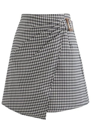 Side Ruched Belt Asymmetric Mini Skirt in Gingham - Retro, Indie and Unique Fashion