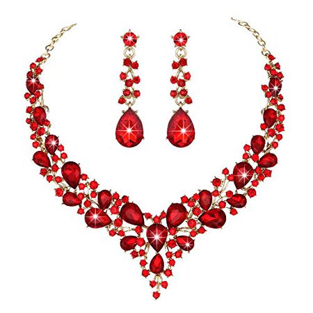 Amazon.com: Youfir Bridal Austrian Crystal Necklace and Earrings Jewelry Set Gifts fit with Wedding Dress(Red): Jewelry